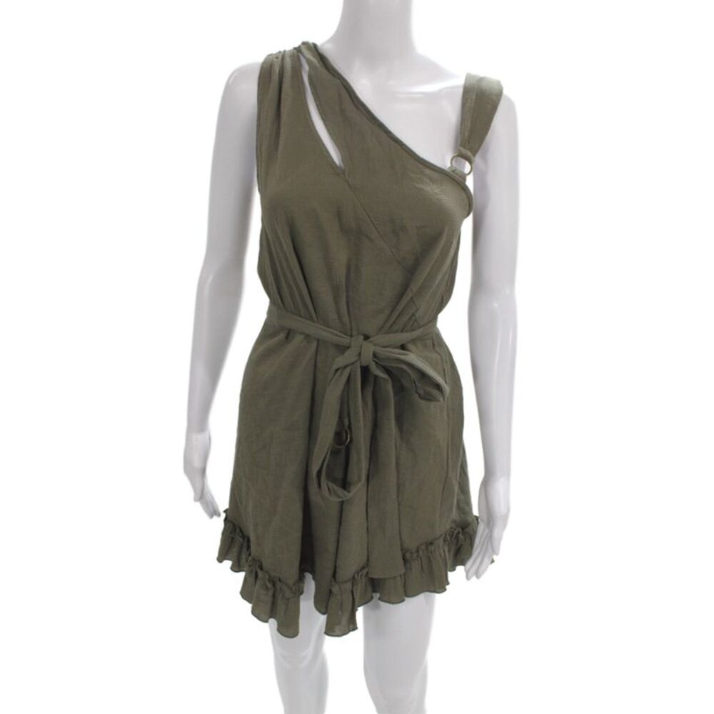 Three Of Something Womens Mini One Shoulder Cotton Dress Green Size XS